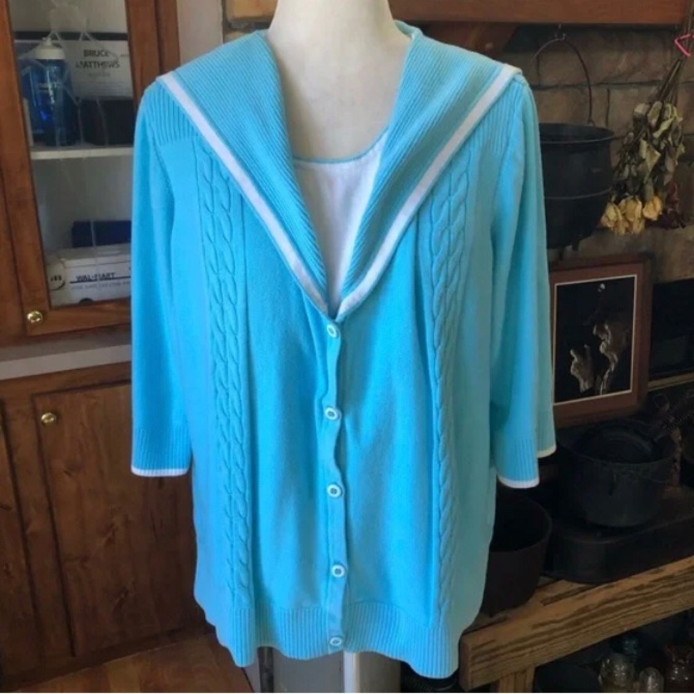 C.J.BANKS SIZE 2X BLUE AND WHITE MOCK CARDIGAN T-SHIRT